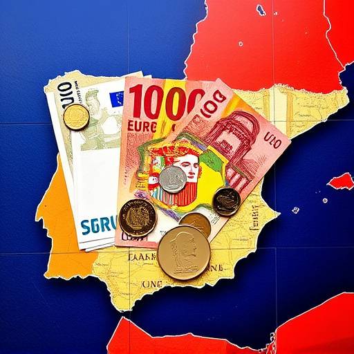 Billetes y monedas de euro sobre un mapa de Espa침a, simbolizando las finanzas nacionales.