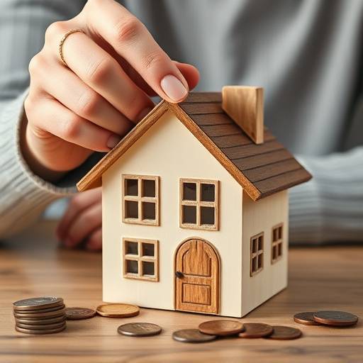 Persona colocando monedas en una hucha en forma de casa, simbolizando el ahorro para la vivienda en Espa침a