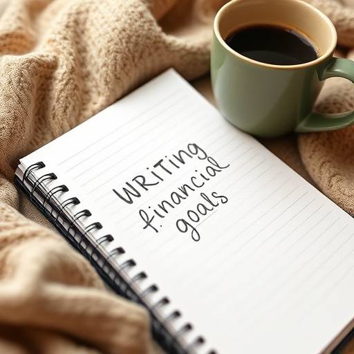 Persona escribiendo sus metas financieras en un cuaderno con una taza de caf&radic;&copy; al lado