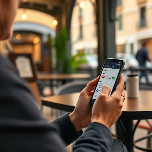 Persona utilizando una aplicaci&radic;&ge;n de presupuesto en su tel&radic;&copy;fono m&radic;&ge;vil mientras est&radic;&deg; sentada en un caf&radic;&copy; en Barcelona